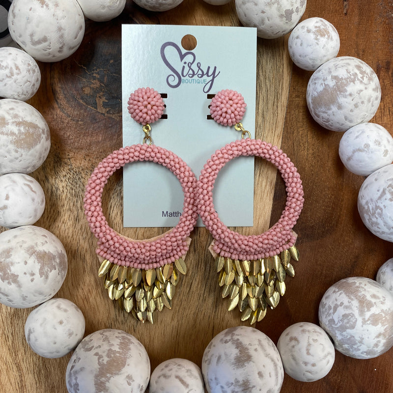 PINK SEEDBEAD CIRCLE AND GOLD SEQUIN EARRINGS-Sissy Boutique-Sissy Boutique