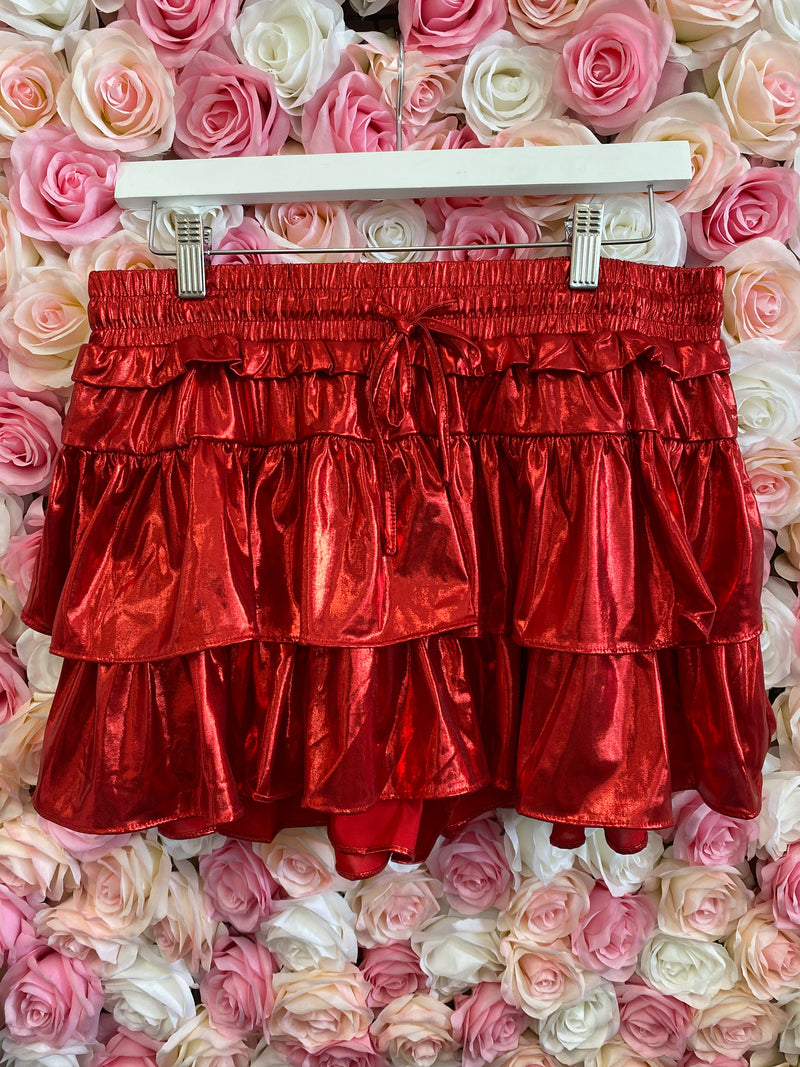 RED METALLIC FLOUNCE SKIRT-Sissy Boutique-Sissy Boutique