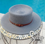 Grey Ladies Adjustable Soft Straw Casual Hat with Brown and Gold Buckled Band Sissy Boutique