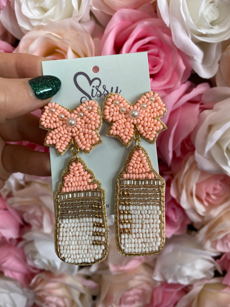 Beaded Baby Bottle Earrings - Pink Sissy Boutique