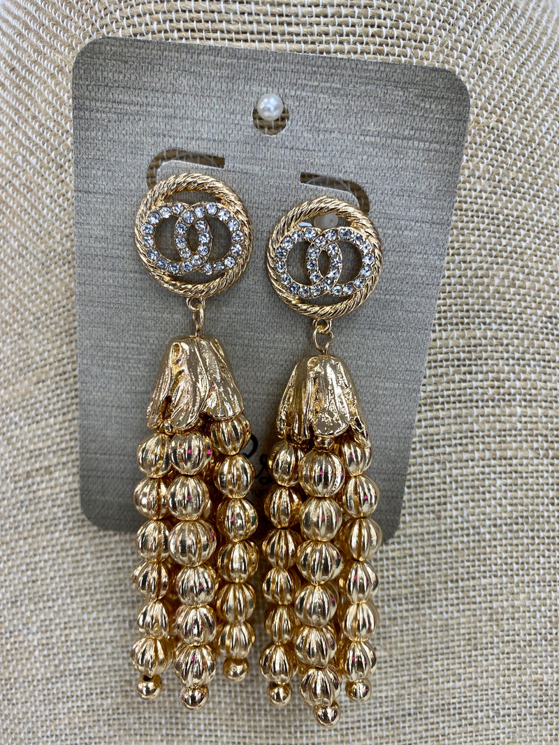 GOLD AND CZ BEADED LUXURY TASSEL EARRINGS-Sissy Boutique-Sissy Boutique