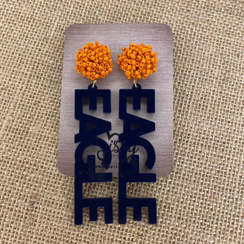 AUBURN EAGLE ORANGE AND NAVY LETTER AND POMPOM EARRINGS-Sissy Boutique-Sissy Boutique