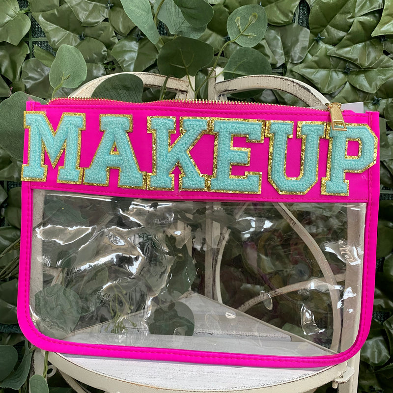 MAKEUP Aqua Varsity Patch Hot Pink and Clear Makeup Bag Sissy Boutique