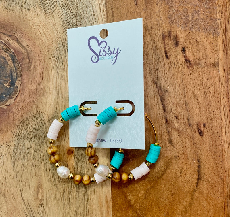 Turquoise, Wood And Pearl Hoop Earrings-Sissy Boutique-Sissy Boutique