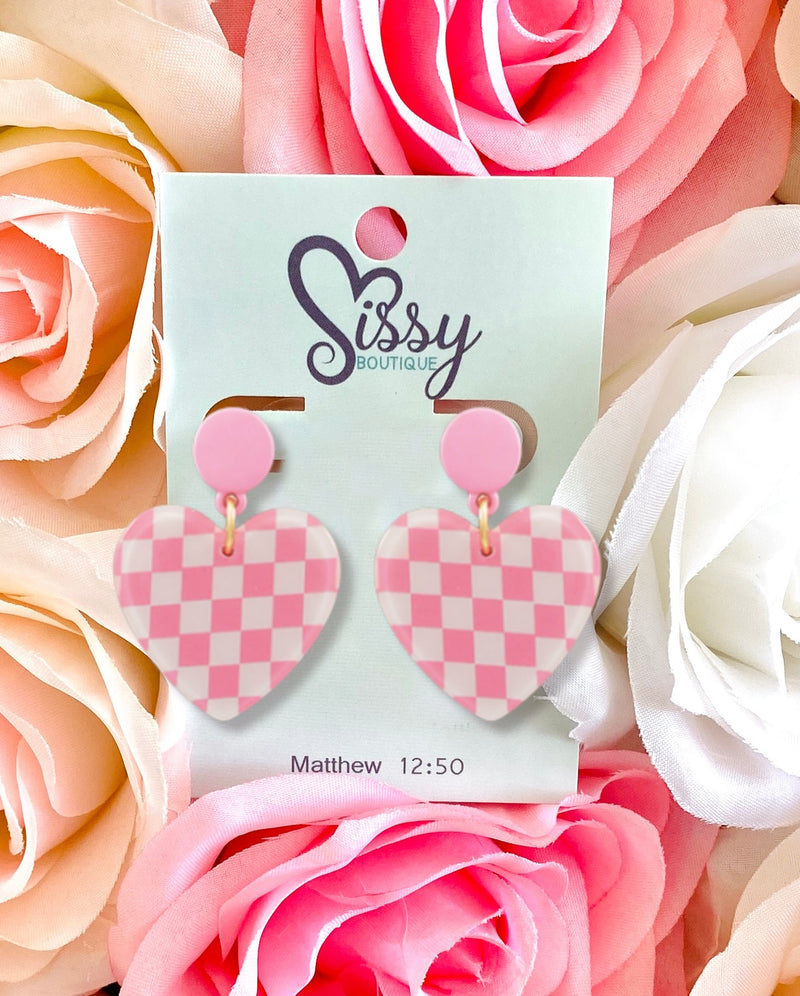 Pink and White Checkered Heart Dangle Earrings Sissy Boutique