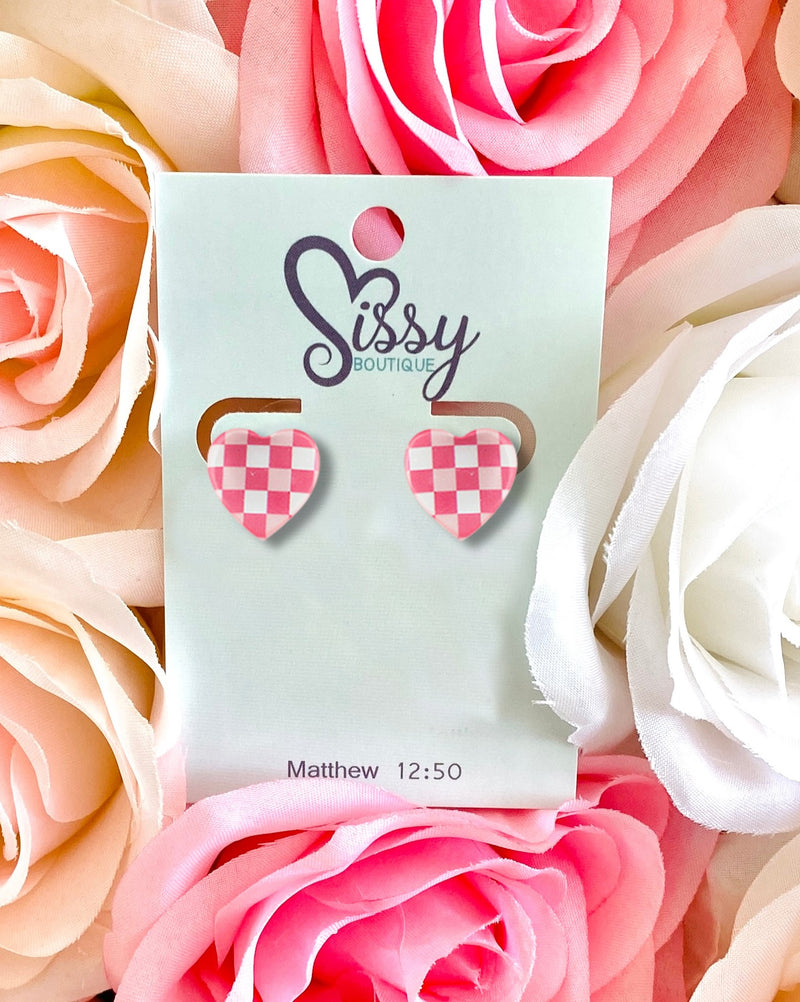 Pink and White Checkered Heart Stud Earrings Sissy Boutique