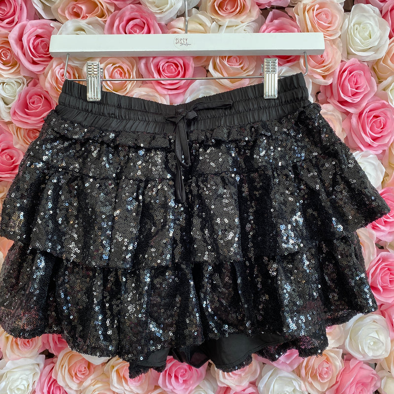 BLACK SEQUIN TIERED FLOUNCE MINI SKORT-Sissy Boutique-Sissy Boutique