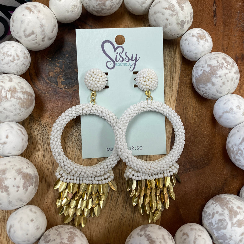 WHITE SEEDBEAD CIRCLE AND GOLD SEQUIN EARRINGS-Sissy Boutique-Sissy Boutique