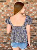 Navy and Cream Floral Puff Sleeve Top with and V Wired Front Sissy Boutique