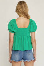 KELLY GREEN V-WIRE BUBBLE SLEEVE TOP WITH BACK SMOCKING-Entro-Sissy Boutique