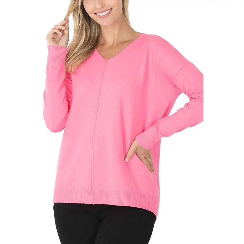 V-neck Pink Front Seam Hi-low Hem Sweater Sissy Boutique