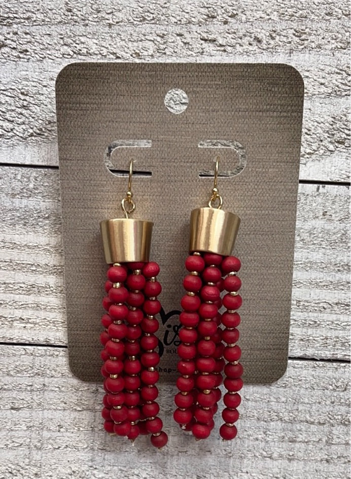 Gold and Red Beaded Tassel Earrings Sissy Boutique