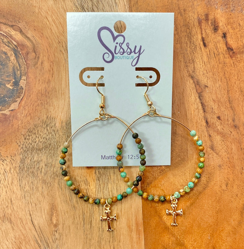 Beaded Hoop Earrings In African Turquoise W/ Cross Dangle-Sissy Boutique-Sissy Boutique