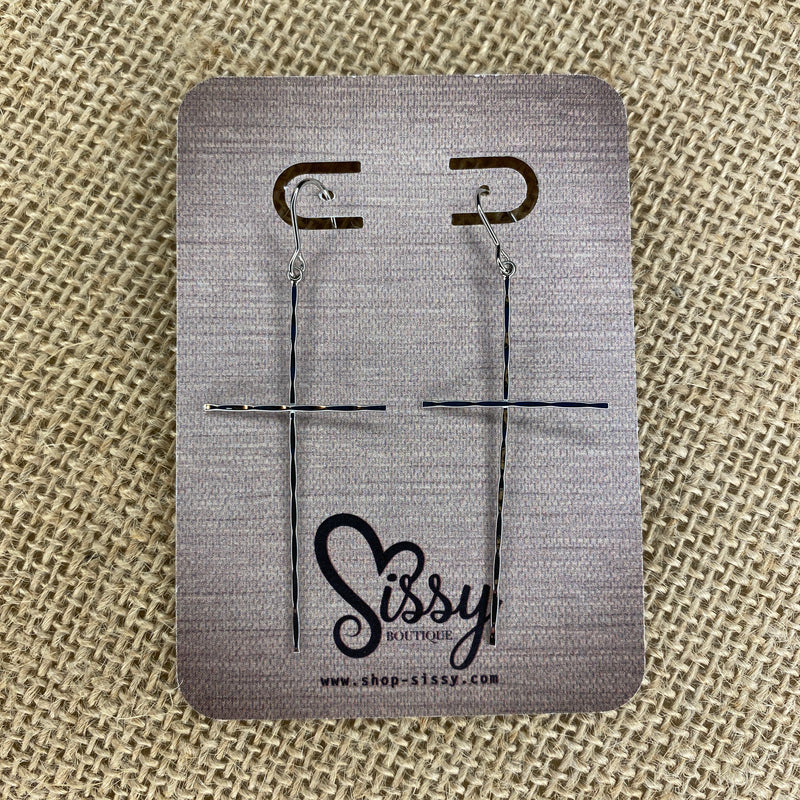 RHODIUM TEXTURED THIN CROSS EARRINGS-Sissy Boutique-Sissy Boutique