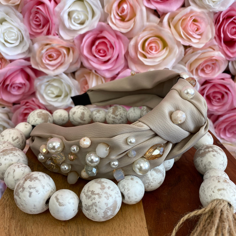 BEIGE PEARL & CRYSTAL STUDDED KNOTTED HEADBAND-Sissy Boutique-Sissy Boutique