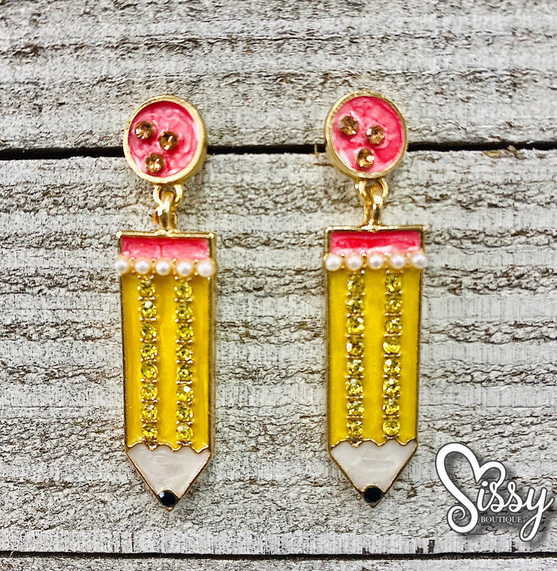 Teacher Pencil Earrings with Crystal Detail Sissy Boutique