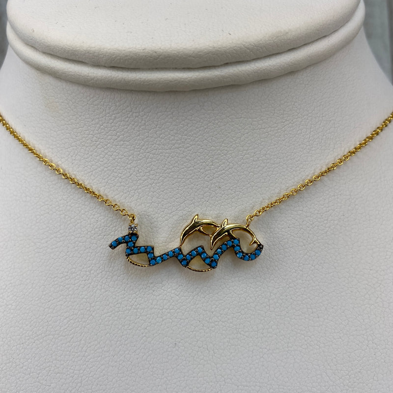 16-18 INCH DOLPHINS WITH CZ TURQUOISE WAVES NECKLACE-Sissy Boutique-Sissy Boutique