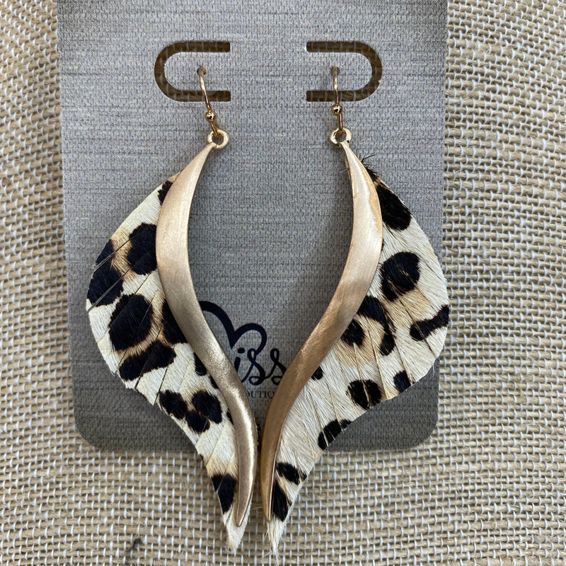 Leather Light Leopard Gold and Feather Earrings Sissy Boutique