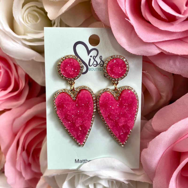 Hot Pink Druzy Heart Dangle Earrings Sissy Boutique