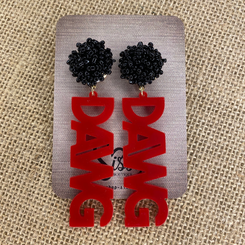 RED AND BLACK GEORGIA BULLDOGS DAWG LETTER AND POMPOM EARRINGS-Sissy Boutique-Sissy Boutique