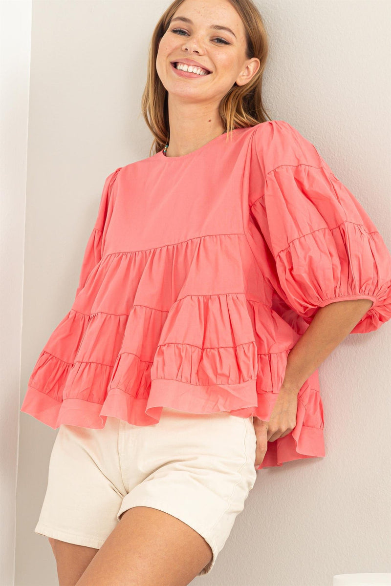 CORAL ELBOW LENGTH TIERED TOP-Hyfve-Sissy Boutique
