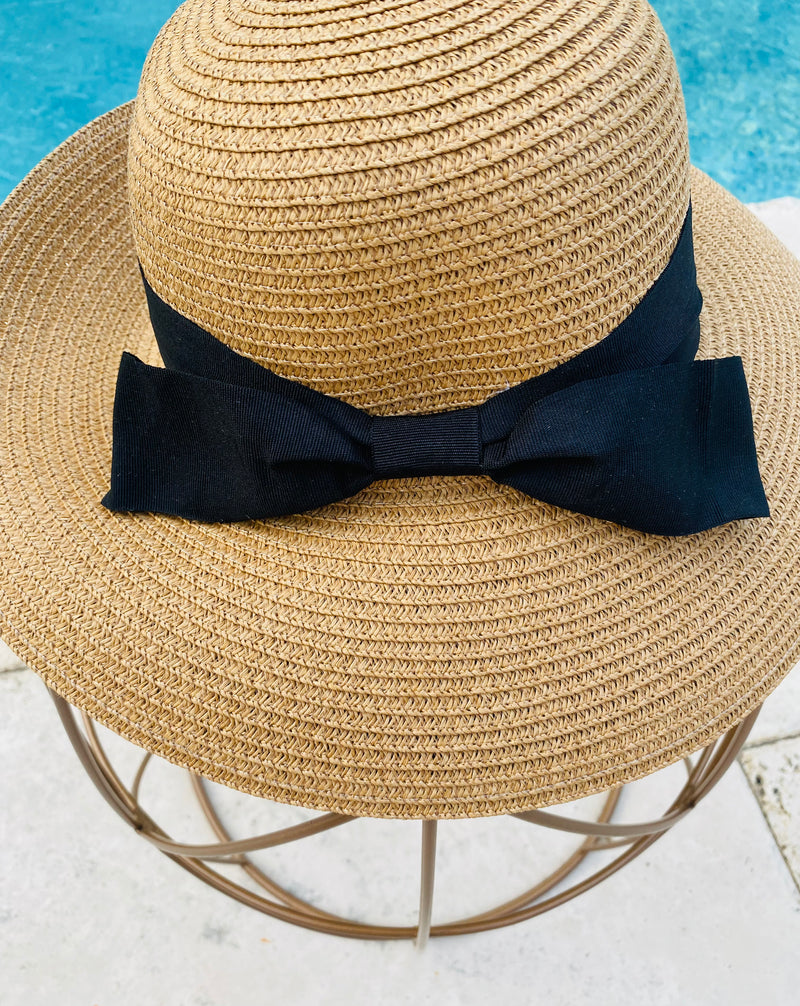 Tan Ladies Adjustable Straw Sun Hat with Black Back Bow Band Sissy Boutique