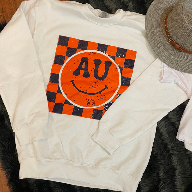 Auburn Checkered Smiley Face White Sweatshirt Sissy Boutique