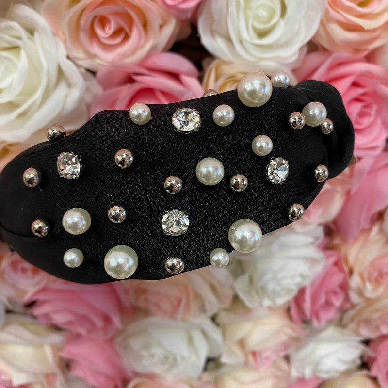 BLACK KNOT HEADBAND WITH PEARLS AND SILVER DETAILING-Sissy Boutique-Sissy Boutique