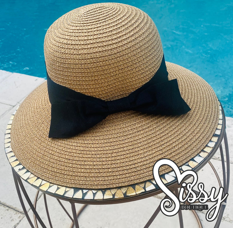 Tan Ladies Adjustable Straw Sun Hat with Black Back Bow Band Sissy Boutique