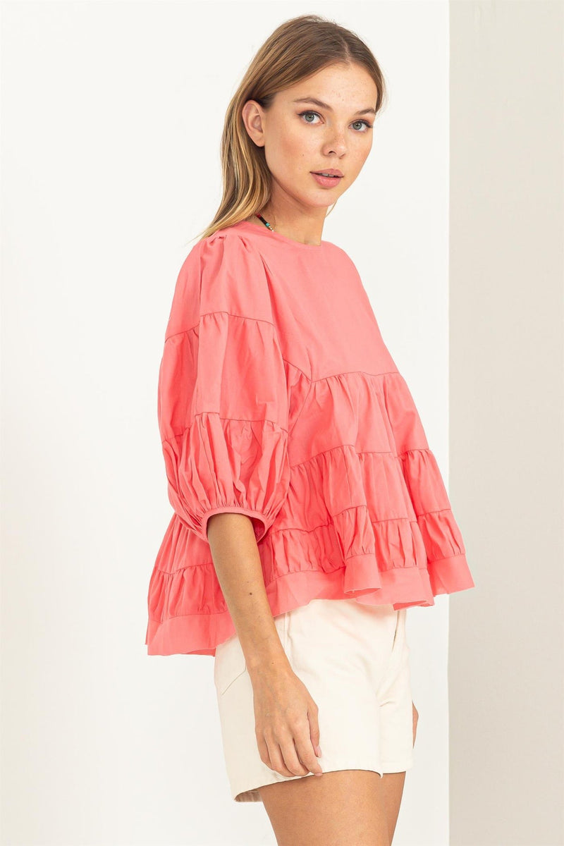 CORAL ELBOW LENGTH TIERED TOP-Hyfve-Sissy Boutique