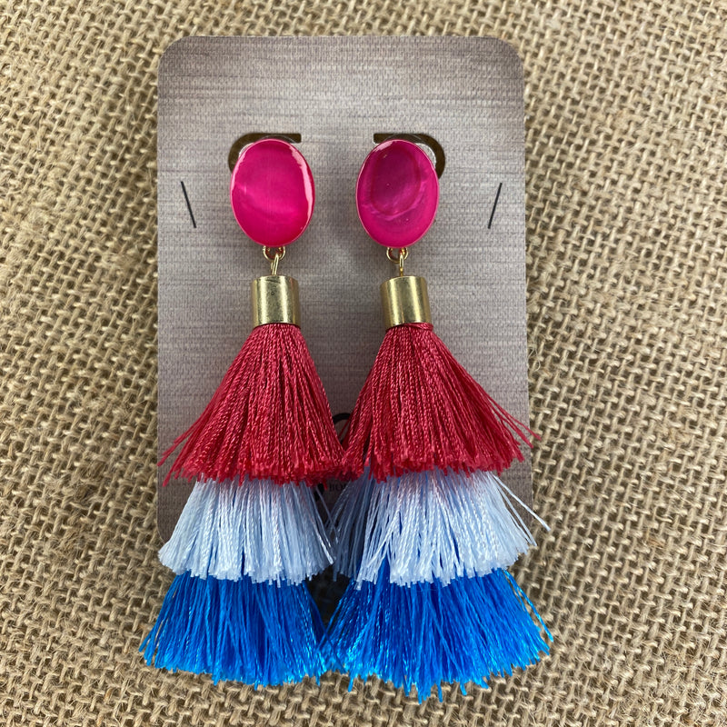 Pink White and Aqua Oval Bead and Tiered Tassel Earrings Sissy Boutique