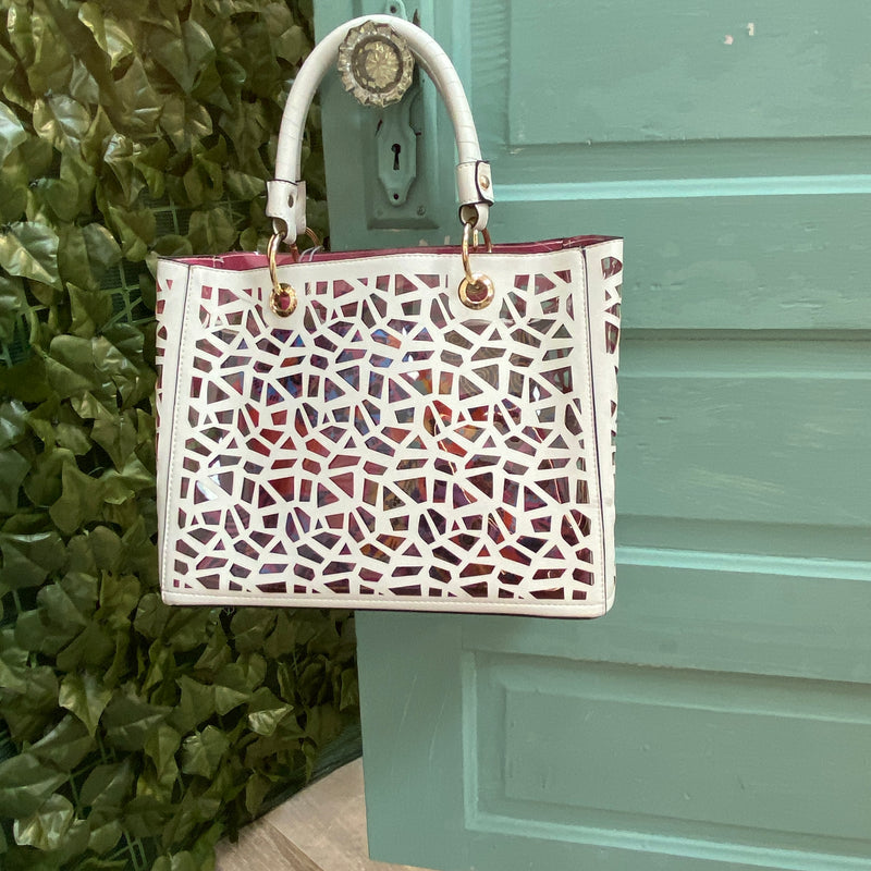 White Laser Cut Vegan Leather Satchel with Matching Floral Additional Crossbody Purse Sissy Boutique