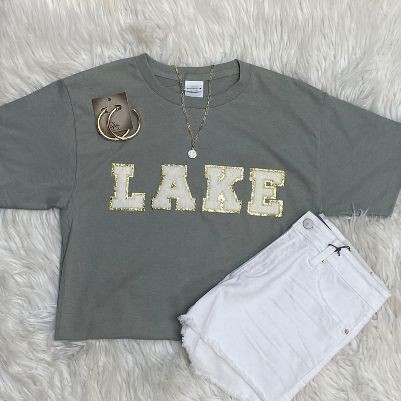 SAGE GREEN WITH WHITE CHENILLE PATCH “LAKE” SHORT-SLEEVED T-SHIRT-Sissy Boutique-Sissy Boutique