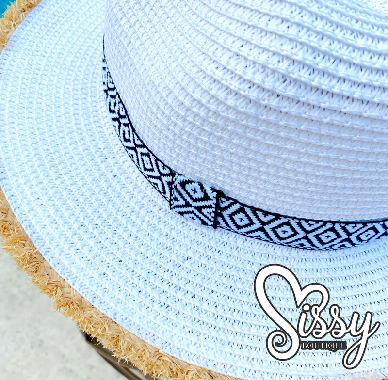 White Straw Panama Hat With Black and White Aztec Band and Frayed Edges Sissy Boutique