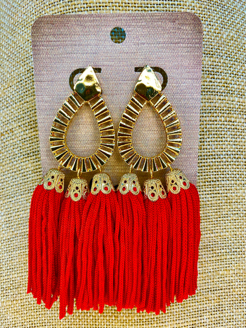RED AND GOLD TEARDROP TASSEL EARRINGS-Sissy Boutique-Sissy Boutique
