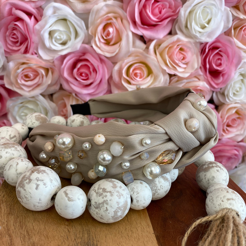 BEIGE PEARL & CRYSTAL STUDDED KNOTTED HEADBAND-Sissy Boutique-Sissy Boutique