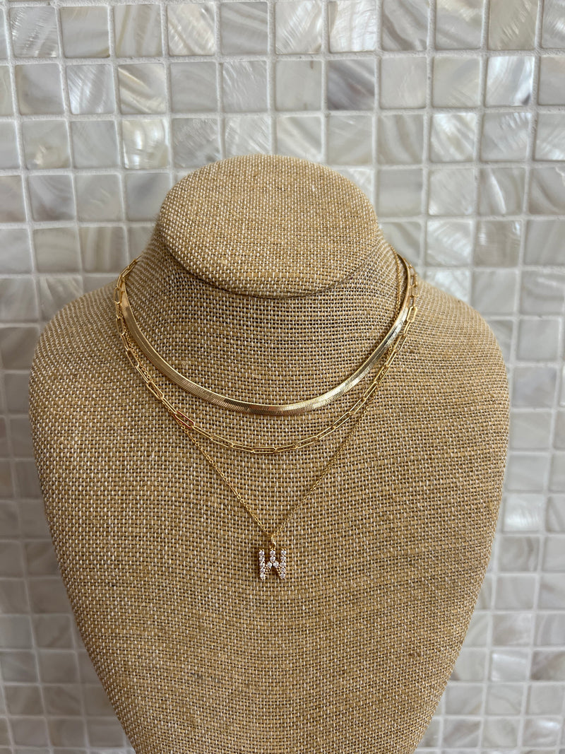 Gold Snake, Paperclip, and Crystal Pendant Initial Layered Necklace Sissy Boutique