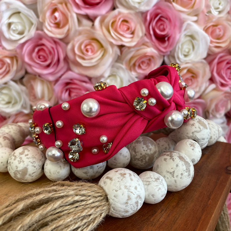 HOT PINK PEARL & CRYSTAL STUDDED KNOTTED HEADBAND-Sissy Boutique-Sissy Boutique