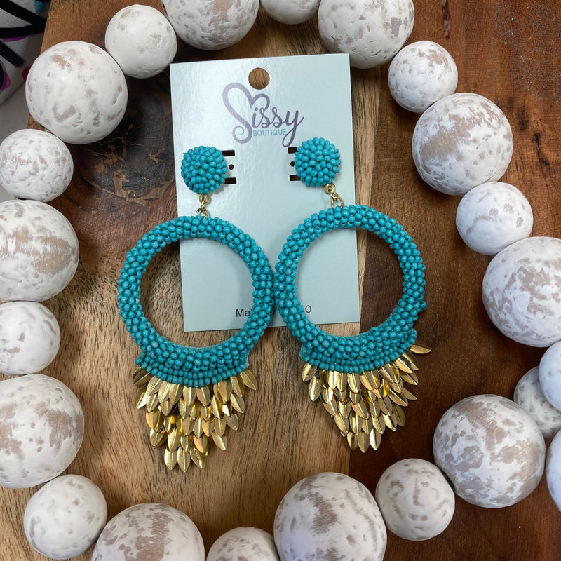 TURQUOISE SEEDBEAD CIRCLE AND GOLD SEQUIN EARRINGS-Sissy Boutique-Sissy Boutique