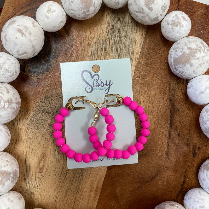 FUCHSIA 40 MM POLYMER CLAY BALL GOLD HOOPS-Sissy Boutique-Sissy Boutique