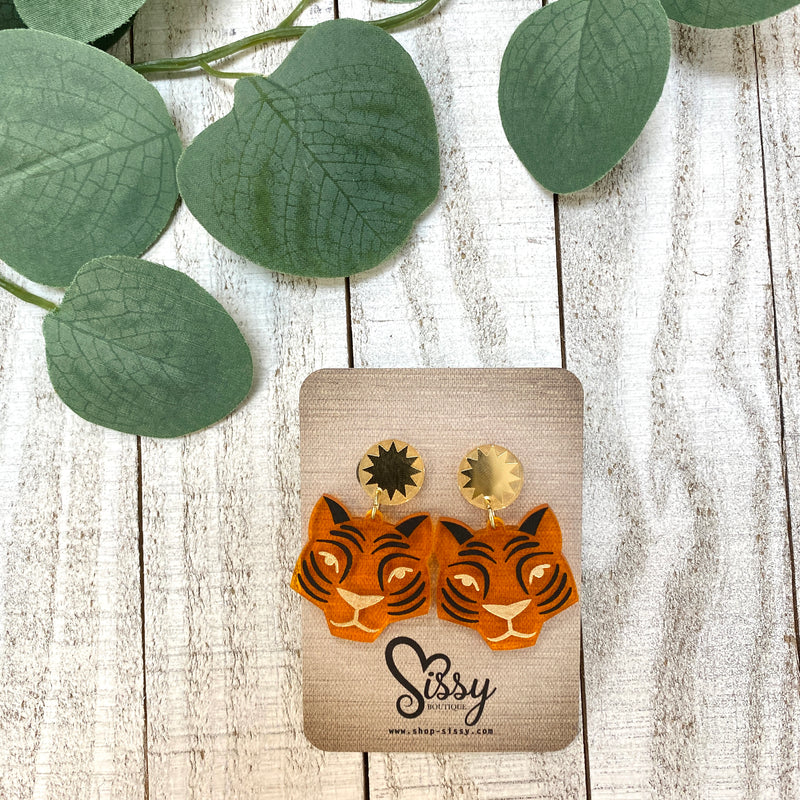 ORANGE AND GOLD TIGER DANGLE EARRINGS WITH SUNBURST-Sissy Boutique-Sissy Boutique