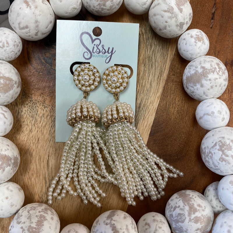 CREAM PEARLIZED TASSEL AND GOLD SEEDBEAD EARRINGS-Sissy Boutique-Sissy Boutique
