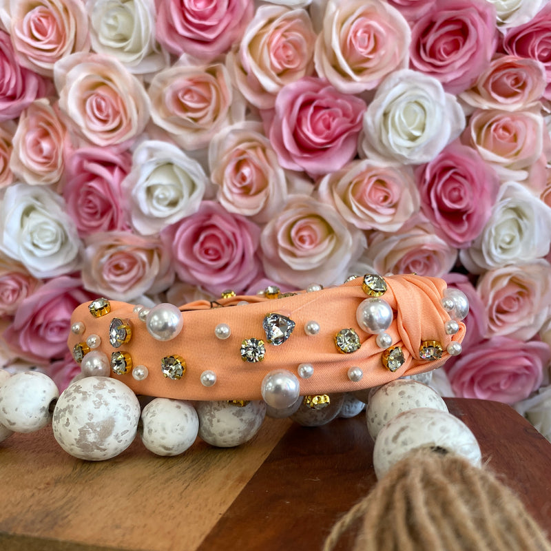 Peach Pearl & Crystal Studded Knotted Headband Sissy Boutique