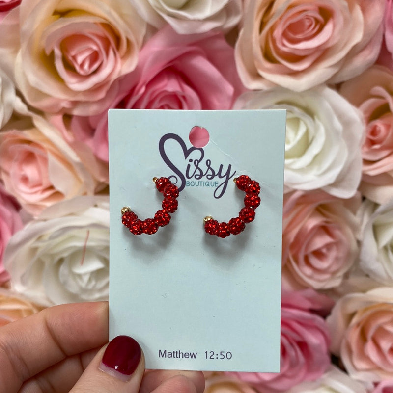 SMALL PAVE BALL HOOPS (RED)-Sissy Boutique-Sissy Boutique