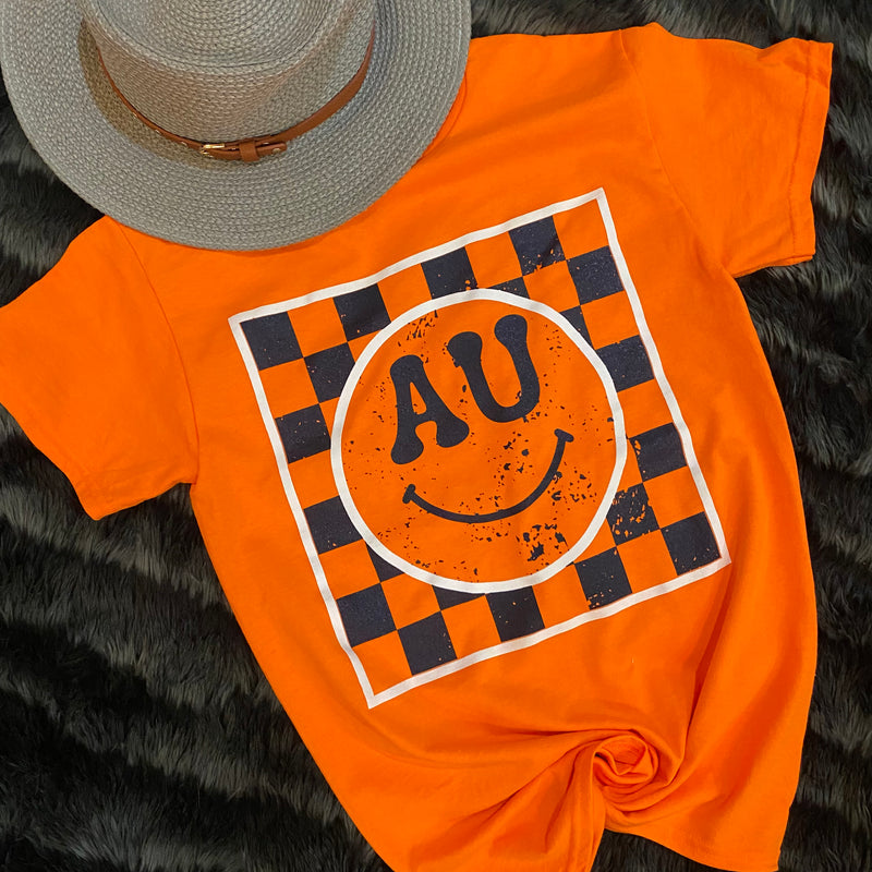 Auburn Checkered Smiley Face Orange Graphic Tee Sissy Boutique