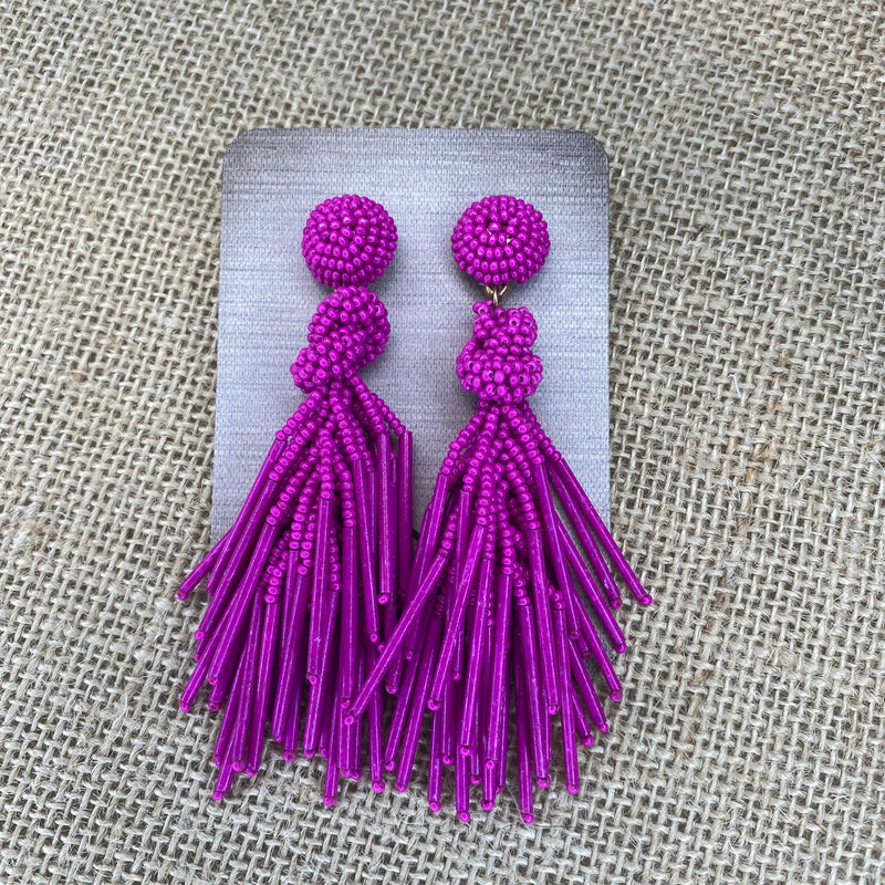HOT PINK SEED BEAD KNOT AND TASSEL EARRINGS-Sissy Boutique-Sissy Boutique