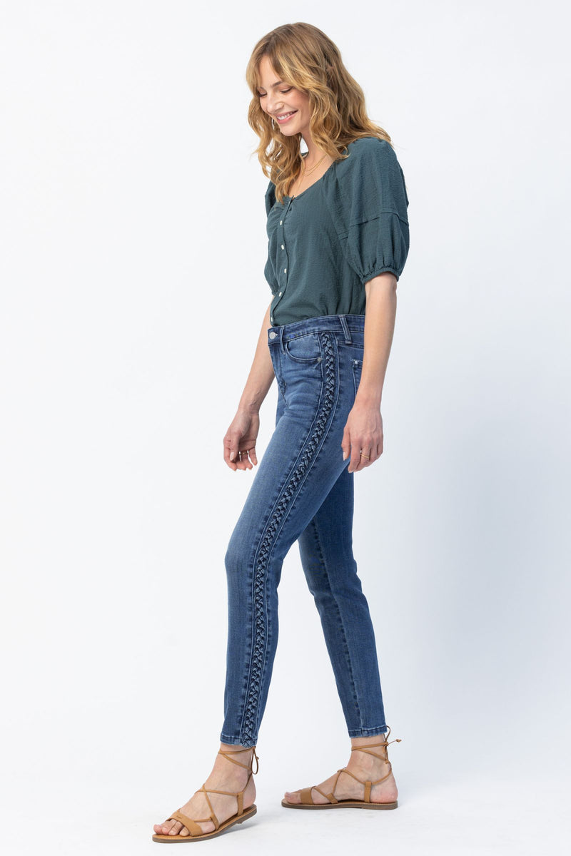 JUDY BLUE MID-RISE DARK RELAXED JEANS WITH BRAIDED SIDE DETAIL SIZES 3 THROUGH 20W-Judy Blue-Sissy Boutique