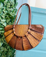 Camel Colored Croc Patchwork Vegan Leather Semicircle Handbag/Satchel Sissy Boutique