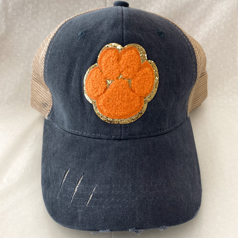 JUDITH MARCH ROUND ORANGE TIGER PAW PATCH ON NAVY VINTAGE CAP-Judith March-Sissy Boutique