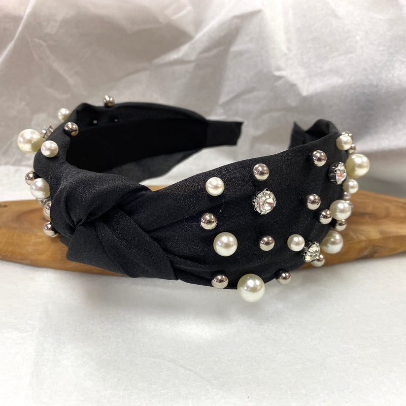 Black Knot Headband With Pearls And Silver Detailing Sissy Boutique